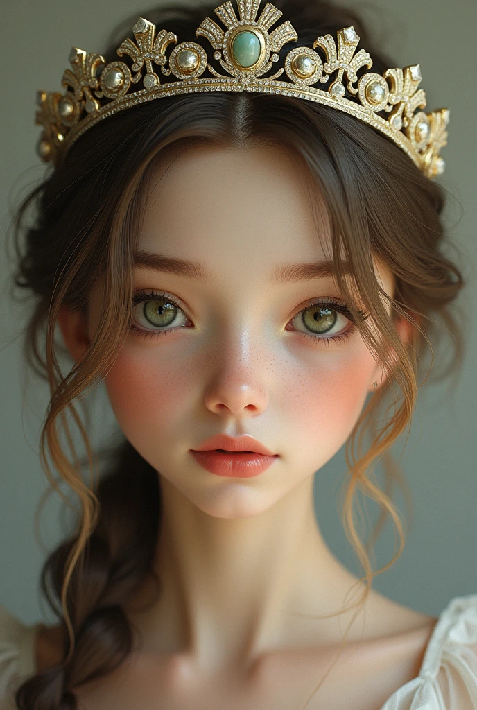 brown-haired girl with blonde highlights in her hair white in her skin color green eyes slightly thick lips with a crown