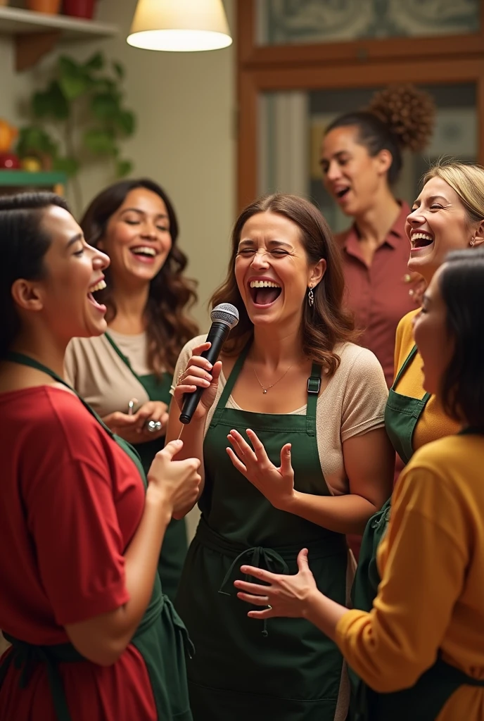 grocery store women singing at home with microphone

