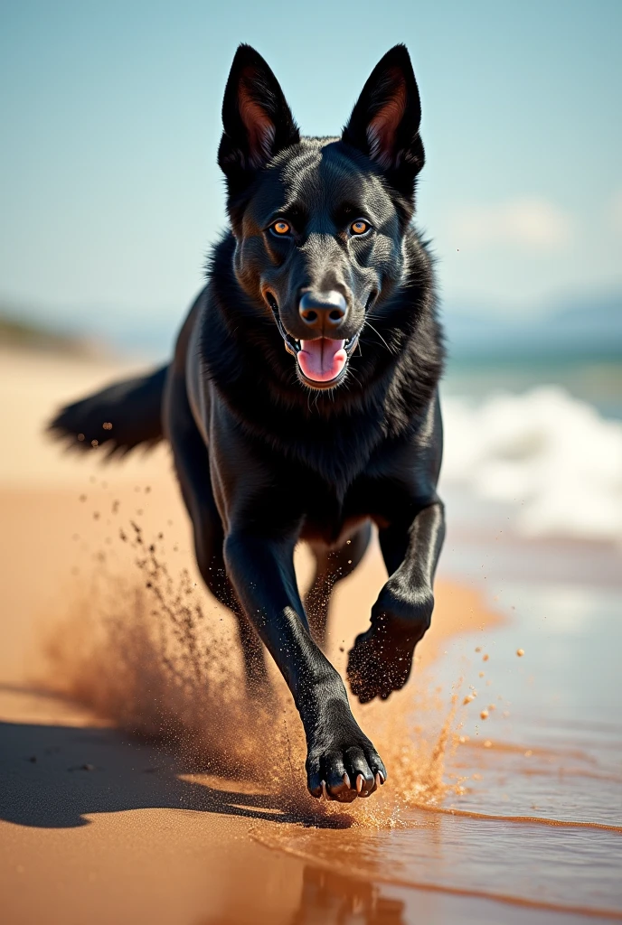 Realistic poster with an image of a black German shepherd running along the shore of a beach with chocolate splashing on it.
Legend DOG SPORT AND DOGS & CHOCOLATE