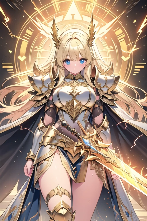 super realistic image, high quality uhd 8K, of (1 god girl, Hilyn), detailed realistic ((athletic body, high detailed)), ((tall model)), (skinny waist), ((beautiful bright blonde long hair)), ((no beard)), high detailed realistic skin, (((powerful and fantastic full armor, divine golden fantasy armor))), (((casting lightning magic spells with great golden fantasy sword))), ((white fur cape)), ((magical hearts of light)), (in guardian position, in the valhalla), real vivid colors, standing
