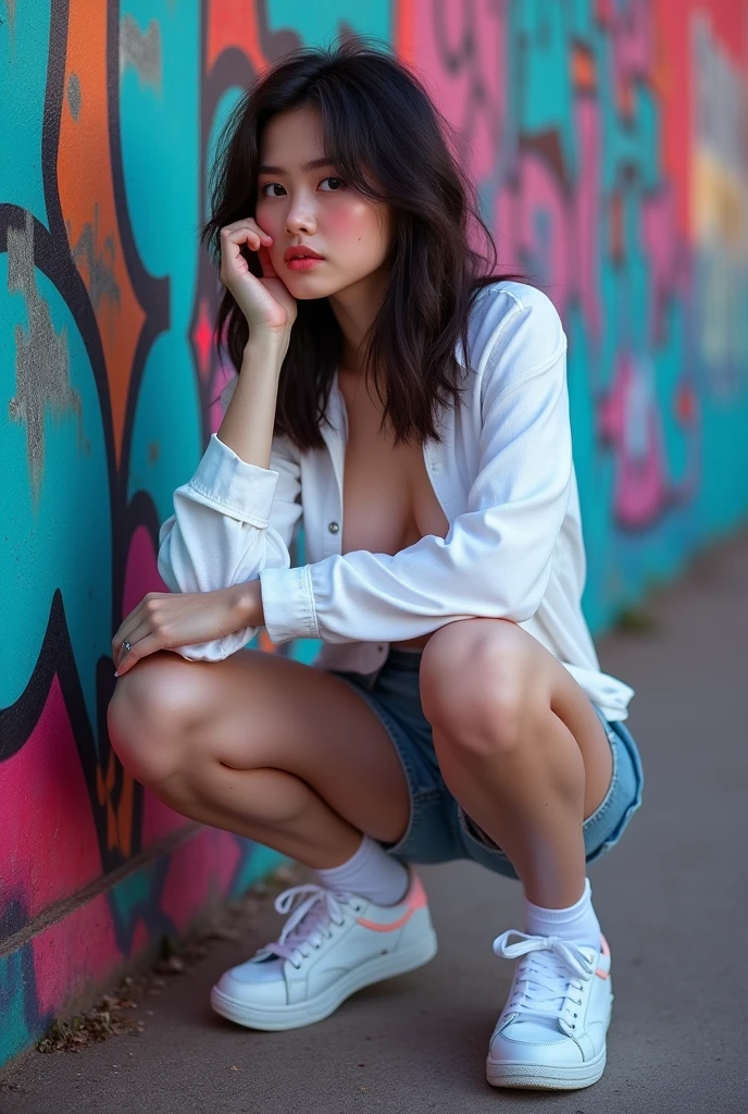 (high quality, 8k, 4k, high contrast, masterpiece:1.2, 最high quality, better aesthetics), (dynamic angle), ((1 female)),((crouched)), ((Graffiti:1.3)), ((flat color)),high contrast, contrasting colors, , Pale pink and blue lighting, white long sleeveTshirt,denim shorts,(White loose socks),sneakers, Looking at the audience, (beautiful style), tired eyes, ((chest hair, anime, contras53, very detailed, sensual, inviting, look in love, a hospital bed
