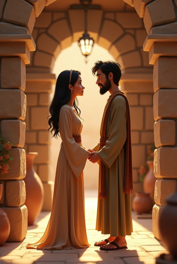 In a Disney Pixar style Create a normal-sized young adult dressed in a biblical times style robe with black hair and eyes, and beard, holding a normal-sized young woman by both hands, beautiful, black hair and eyes with a hijab on her head, in a stone house in a biblical-style village in Jerusalem.