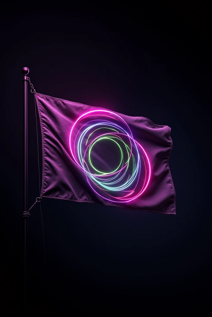 Create a straight cyberpunk style flag with purple, green, red colors creating psychedelic neon orbits in an animated style with a black background