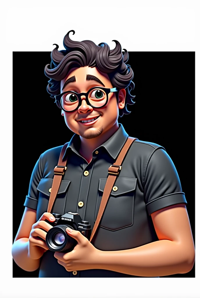 Cartoon character of a man with black glasses, Dark brown curly hair and a black shirt, camera in hands, animation character, stylized character, animation style rendering, 3D stylized(pixar style) (master part:1.2) (bokeh) (Best Quality) (detailed skin) (detailed texture) (8k) (clay) (cinematic lighting) (sharp focus)