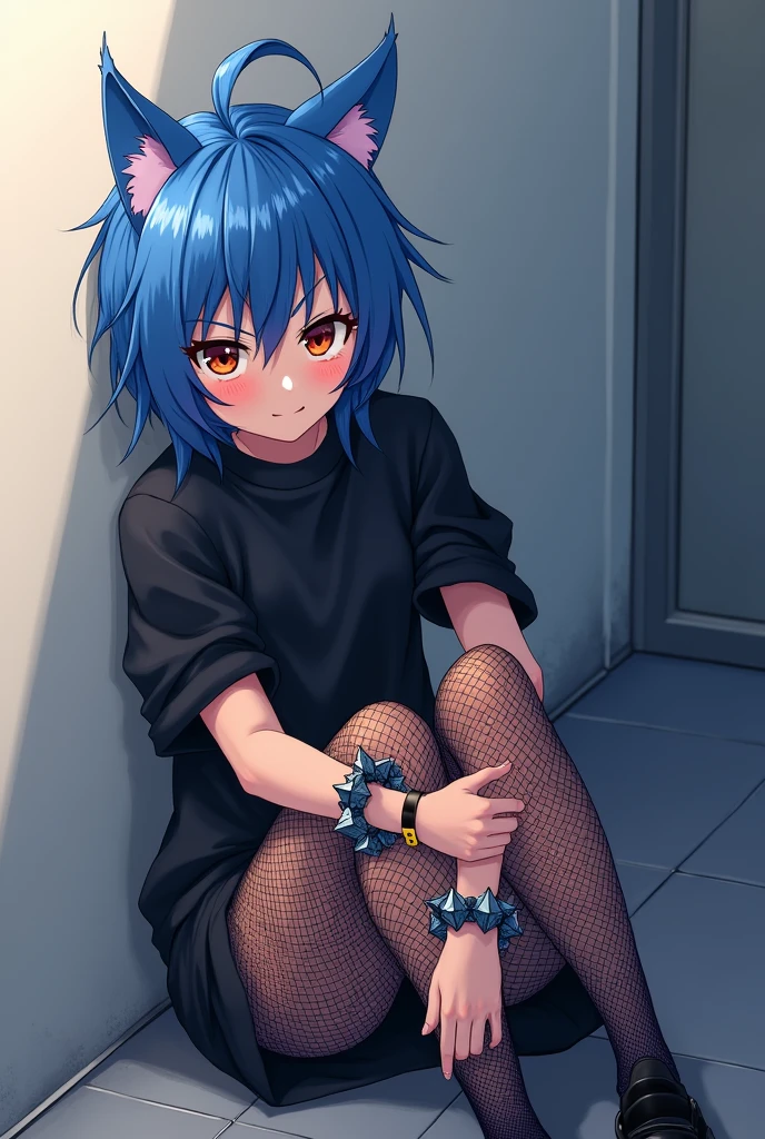 A teen anime cat girl. Shes standing up laying on a wall she has knee high net socks, black shoes, black sweater, Blue hair and blue cat ears, she has spiky wrist bracelets to. She has a "i dont care" expression.