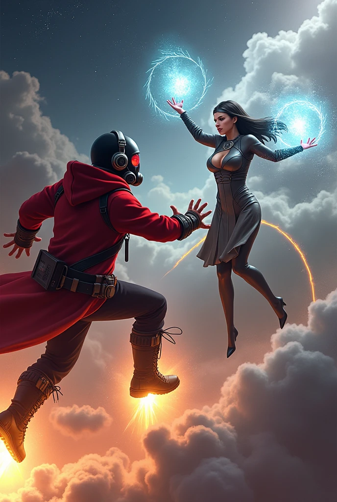 Young Star-lord with red hoodie, headphones, star-lord helmet on head, gas helmet, covered mouth, round red eyes, Red eyes, magic rings in the hands and rocket boots, Vs. Nun woman (Big tits), Fighting, power, fiction, full body, 3 person, magic lasso, flying in the sky, hight, fall, fire in boots, poweful spells, fighting, realistic, helmet, mask