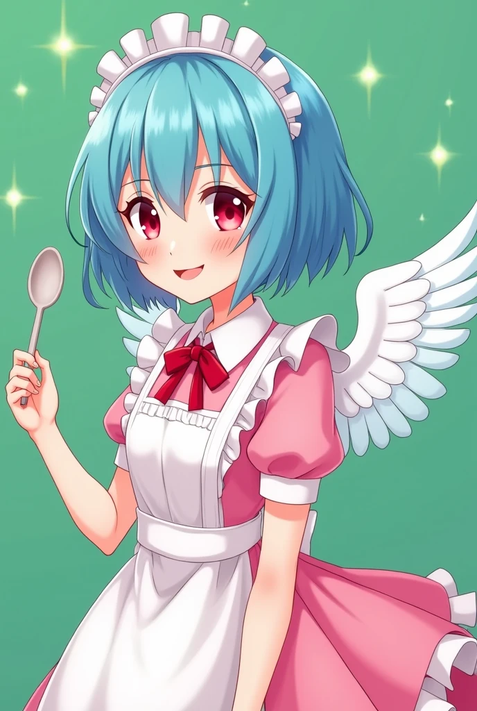 Maid cafe maid with short blue hair, Red eyes, a sensual and happy expression, age range between 18 and 26 years, with angel wings, anime style completely in 2D, with pastel colors, with a completely flat and green background uniforme color rosa