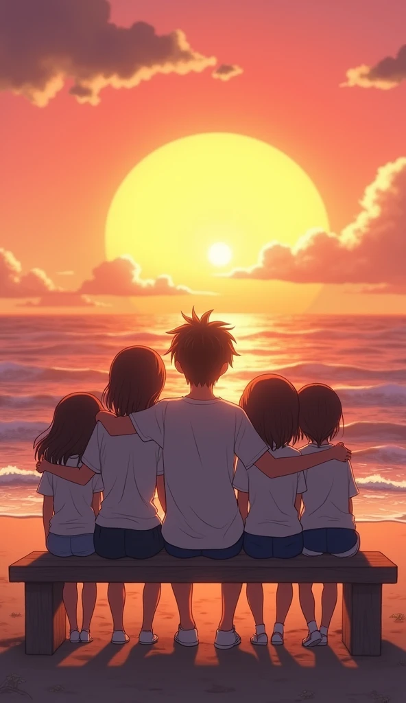 "A serene sunset scene on a beach, with the sky painted in warm hues of orange and pink. In the foreground, a bench is positioned facing the ocean. A 20 year-old anime boy is sitting on the bench, his back to the viewer, with his four sisters sitting beside him. He rests his arms comfortably on their backs, creating a close and familial atmosphere. The sisters, also viewed from the back, have relaxed and content expressions. The gentle waves and setting sun provide a peaceful and picturesque backdrop."