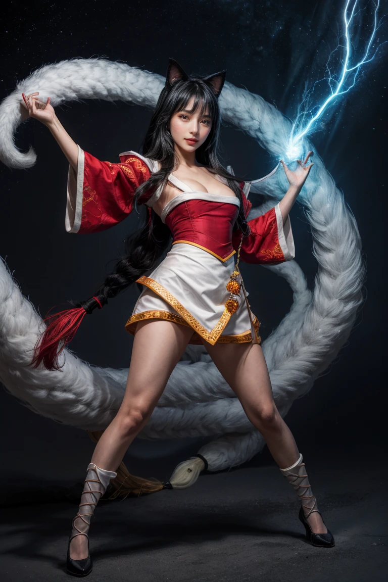 Masterpiece, Best Quality, IncrsAhri, Braids, Fox Tail, Multiple Tails, Hanbok, Skirt, (EnergyVeins: 1.4), Glow, Energy, Energy Balls, Pose, Full Body Viewed, Cleavage, Medium , Shoes
