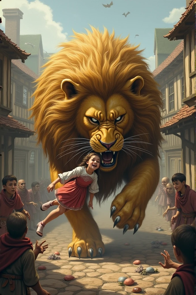 A golden lion is eating a girl badly in the village. Everyone is afraid of the lion