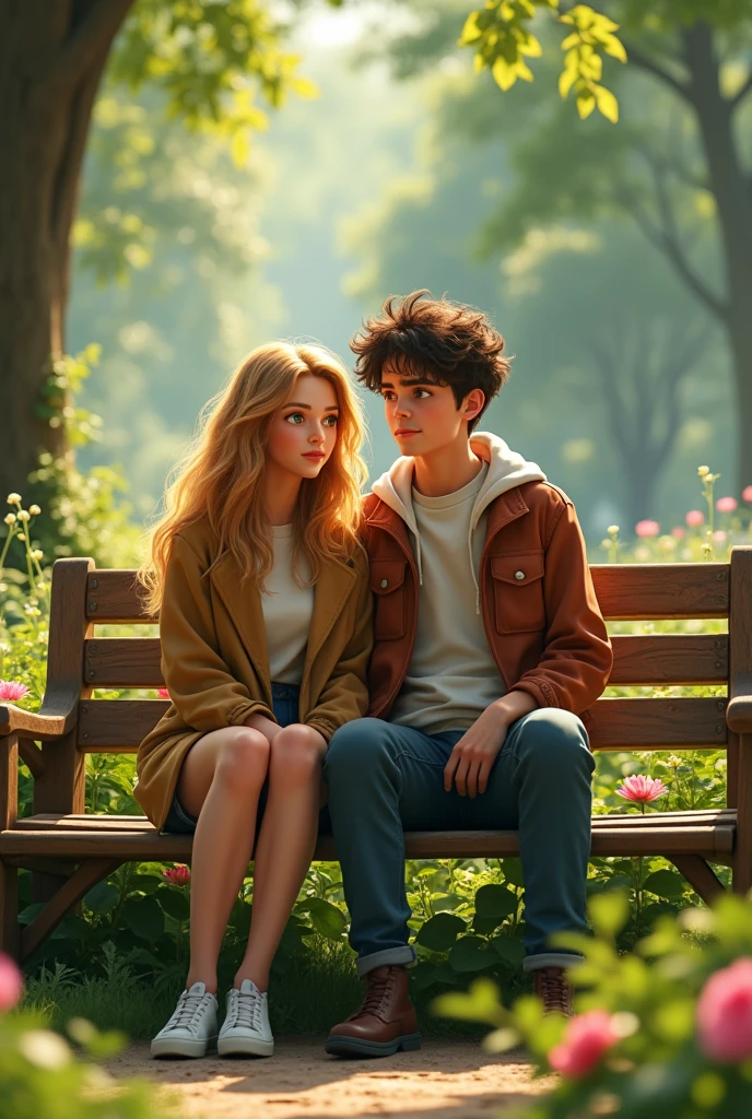 (photorealism:1.2), Female, Long wavy blonde hair, 16, Hazel eyes, Sophomore, Sitting next to a male character on a bench in the park with chocolate brown short fluffy hair, Green eyes, 18, Senior,