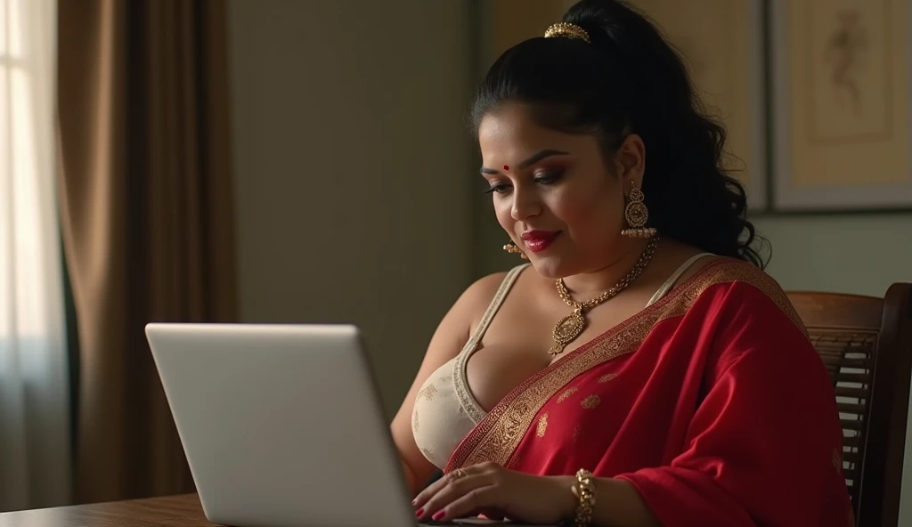 wolf cut hairstyle erotic hindu wife, front facing, 4K, super realistic, huge breast, super big fake lips red lipstick super delicious body saree bra chubby body Hot a sexy figure indian wife wearing read saree and white bra with huge boobs sitting in table and using laptop, trying to intimate, showing  big clevage sexy chubby figure, showing boobs, feeling horny. Full wide angle view 