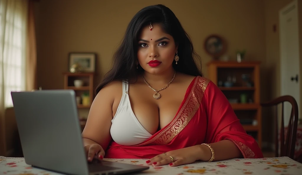 wolf cut hairstyle erotic hindu wife, front facing, 4K, super realistic, huge breast, super big fake lips red lipstick super delicious body saree bra chubby body Hot a sexy figure indian wife wearing read saree and white bra with huge boobs sitting in table and using laptop, trying to intimate, showing big clevage sexy chubby figure, showing boobs, feeling horny