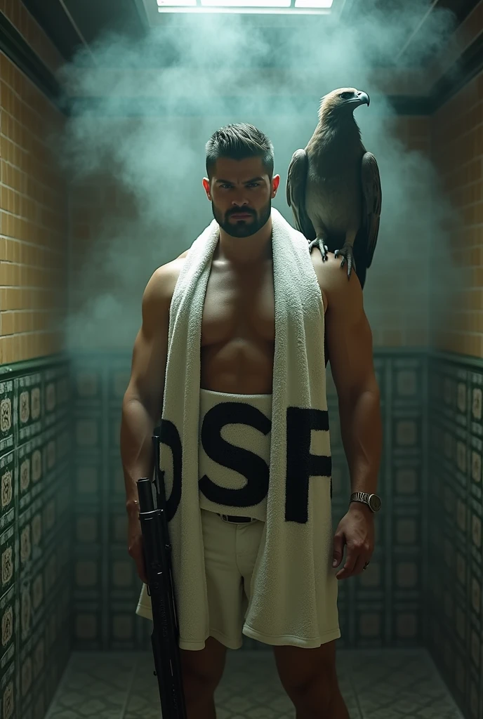 (photorealism:1.2) Karl Urban in a hot steam Bath wearing a Towel with „DSF“ printed in it, Holding a shotgun and having a Vulture on the shoulder