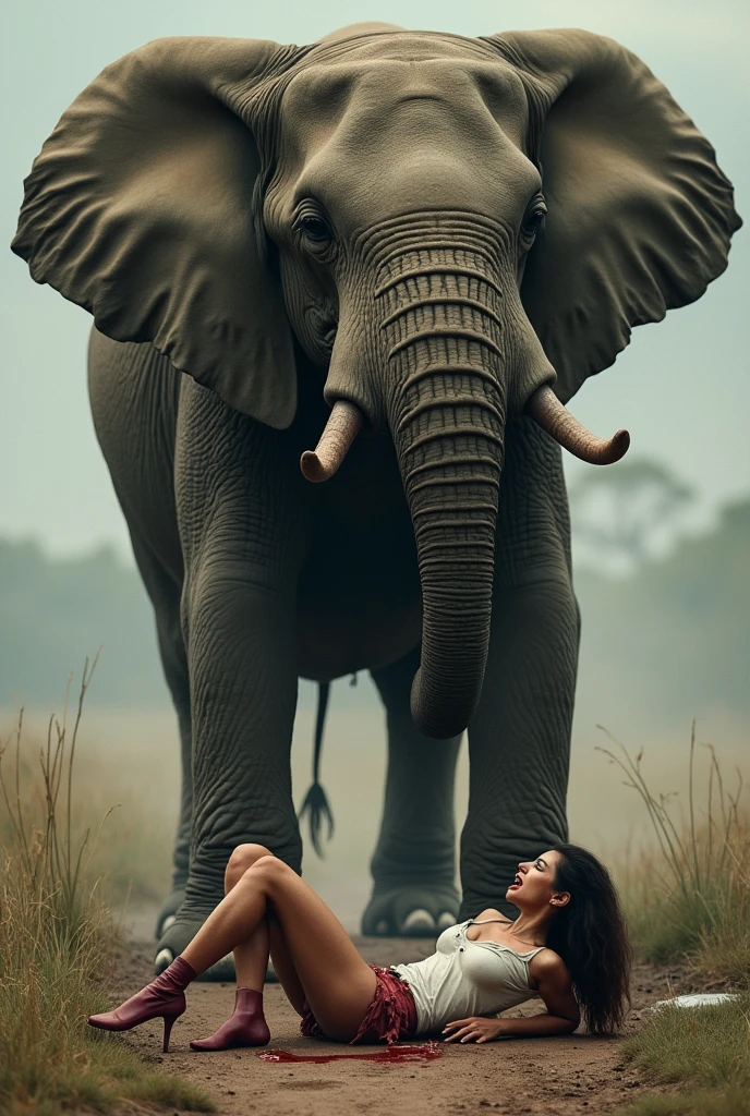 elephant steps on the legs of a young woman. She is bleeding from her legs