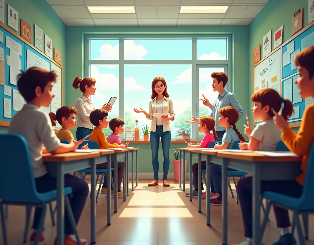 Horizontal image of a classroom with teachers and students
