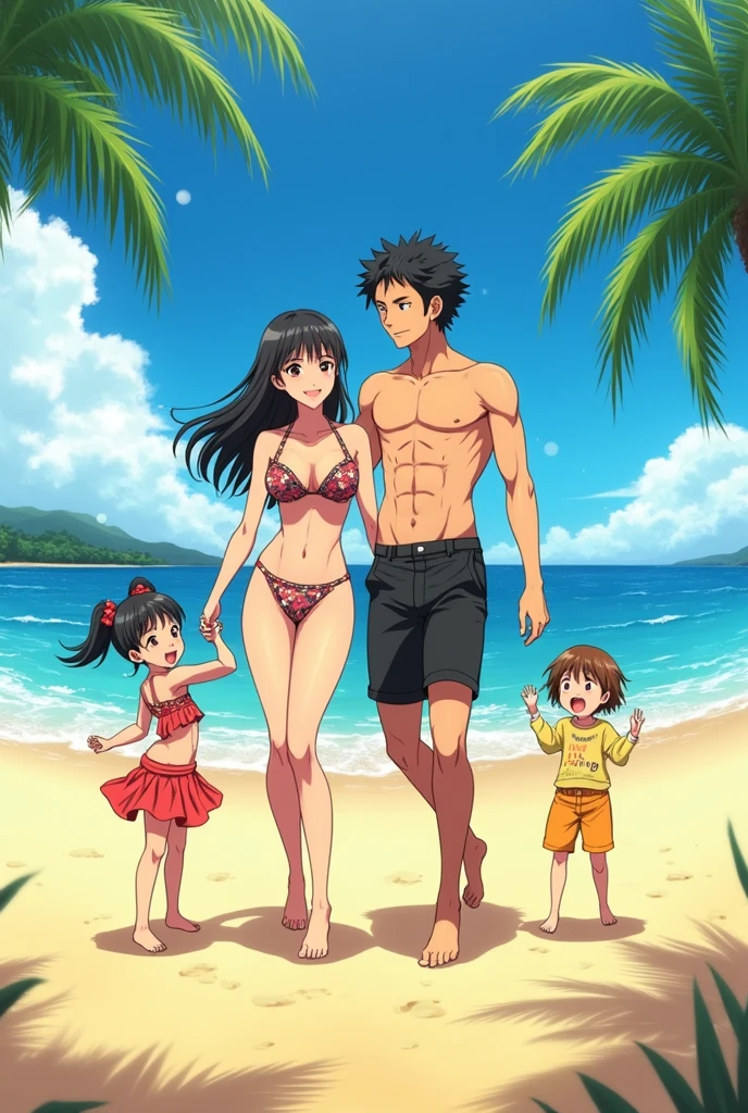 A man in beachwear together with a woman, big boobs (red eye) in a swimsuit on a beach
