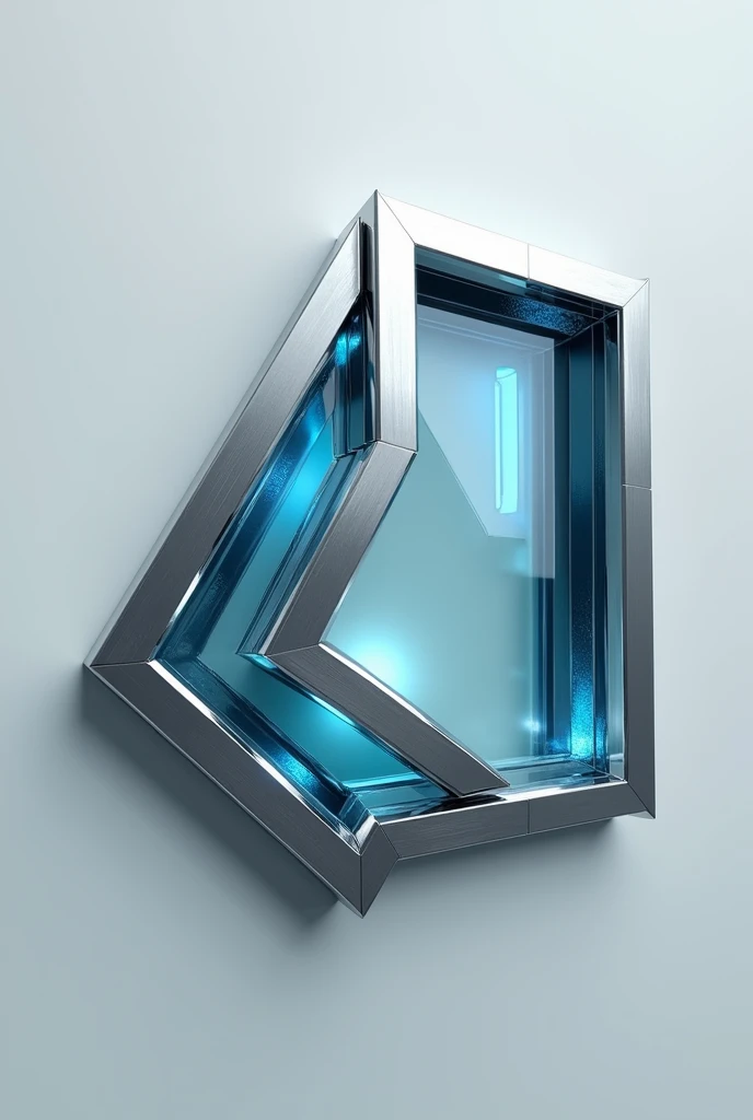 Design a high quality, highly detailed logo,, that combines an architectural aluminum frame with reflective glass,profile structure, where light is reflected creating a complex pattern. The frame must be angular and precise, while glass can have subtle reflections of light. Use metallic tones like silver and grey, with blue details for light reflection, creating an image that suggests innovation and high technology, no letters 