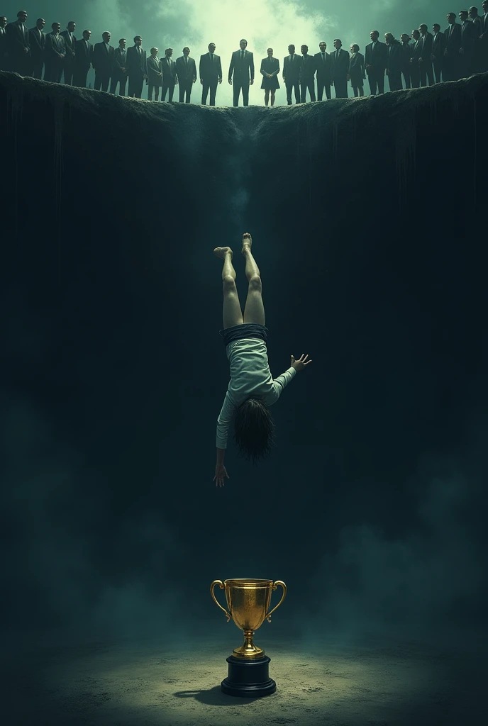 I want a vertical poster that represents a competition where there is corruption. The protagonist will be falling face down. In the middle of the composition there will be a trophy and at the top a group of people gathered together in a darker tone., The person is falling into a void