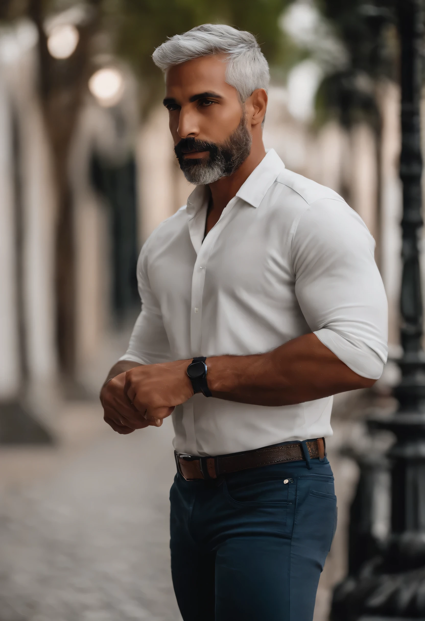 Pixar-style: The young Brazilian, tanned skin due to the tropical sun and tall stature, has gray hair with a gradient cut, a slender silhouette, and sports a well-groomed black beard. sua esposa, of Venezuelan origin, blonde, of shorter stature and has fair skin that radiates beauty. With the background on a road and a high-powered red motorcycle.