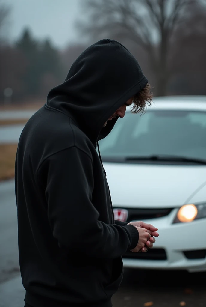 A man with his back turned and in front of him a white 2008 civic si, the man in a black sweatshirt with his head down, put him on his back, put the hood on your head 