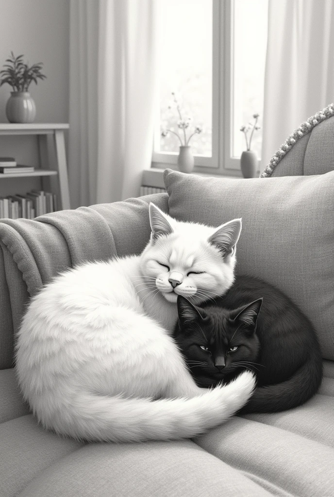 Pencil illustration of cats, white and black cats, relaxing at home