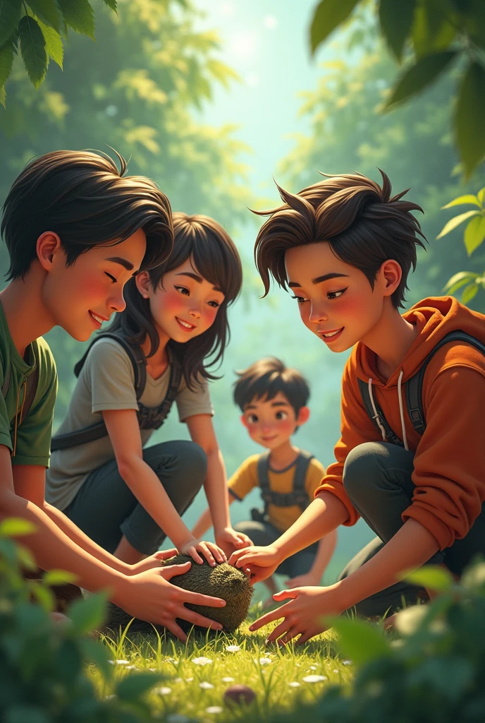 Create an image that is related to 4 teenagers Rescuing animals