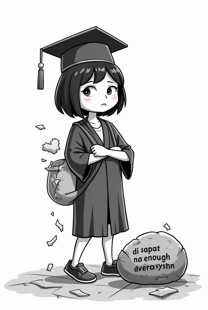 A sad Filipino student wearing a toque (from the Philippines) and gown is holding a diploma but the diploma is mostly light and torn. In the other hand, there was a large stone labeled 'Di sapat na edukasyon' tied to his foot, preventing his progress. His feet are on a floor that breaks because of the lack of a solid foundation of knowledge. make it into a cartoon with black and white color.