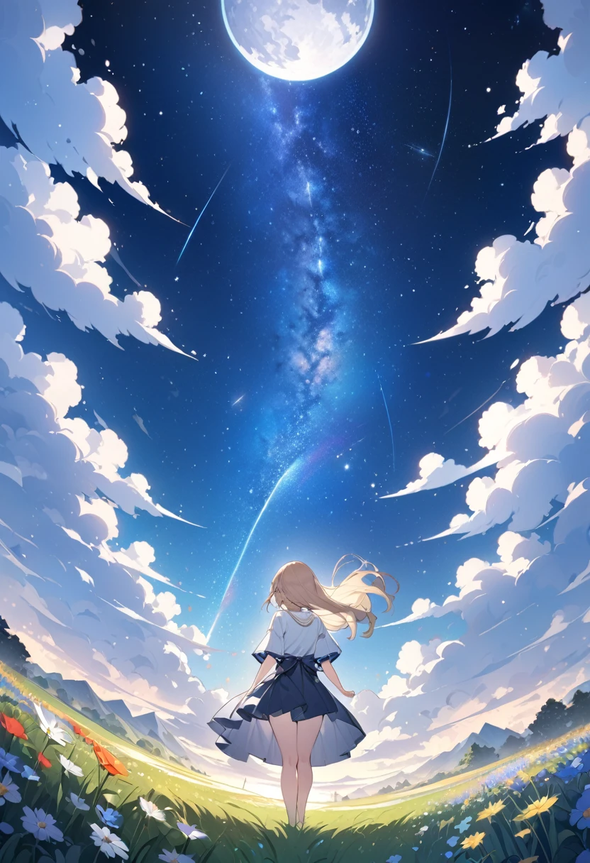 A girl on a meadow,Many stars shining in the wide sky,Shining Star,milky way,full moon,I look up and see,Wildflowers are in full bloom,Pure World,masterpiece,Highest quality,最高masterpiece,Detailed anime art,Digital Art,