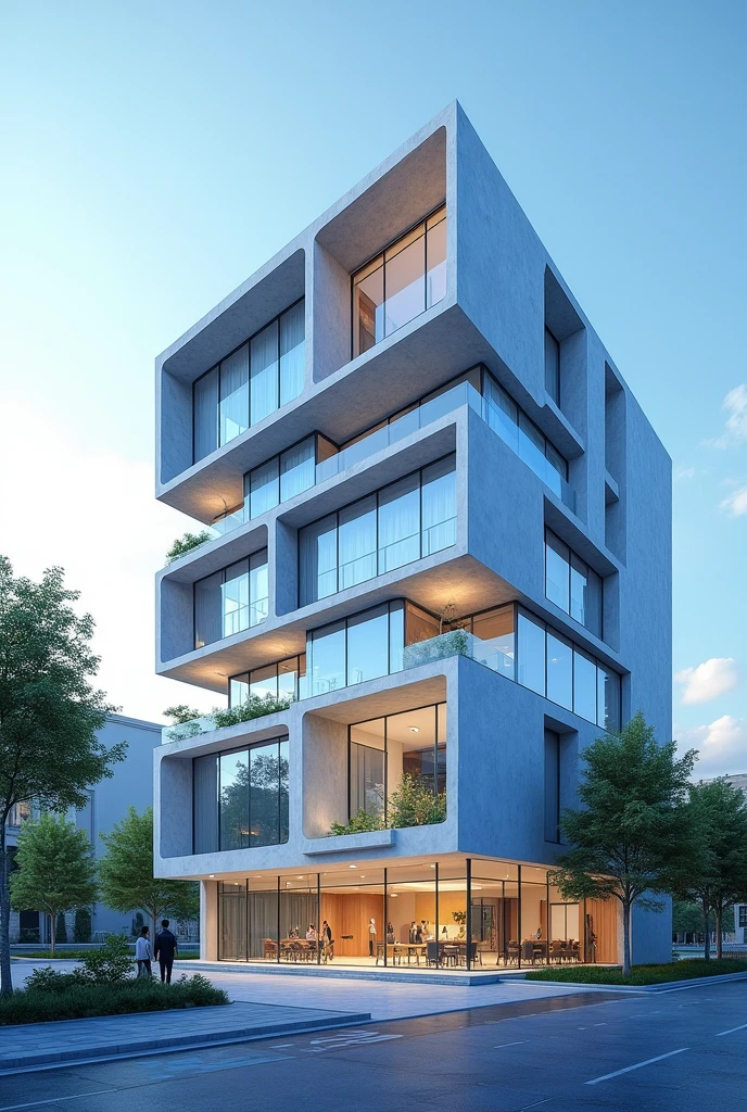 Make a building for a language academy with not so extravagant blue colors