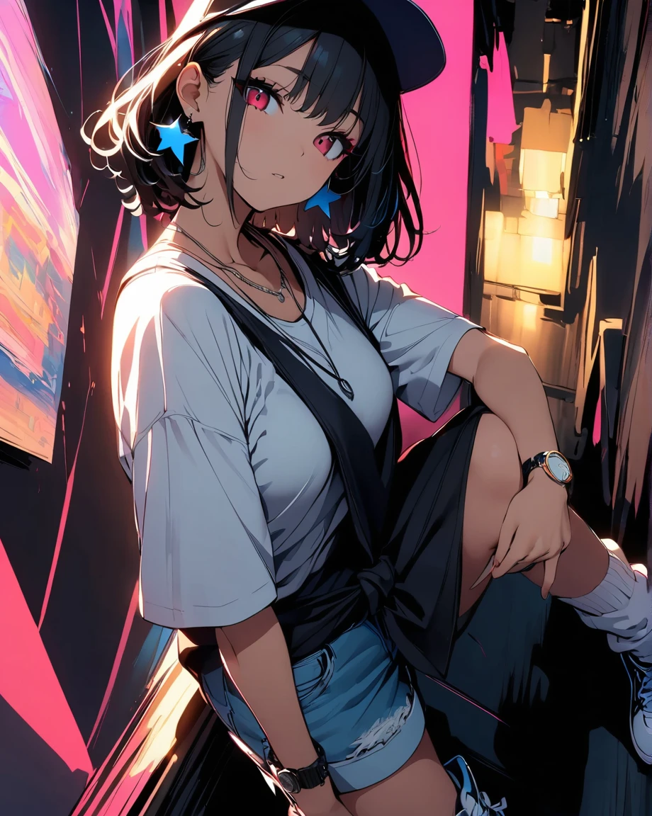 (high quality, 8k, 4K, High Contrast, masterpiece:1.2, 最high quality, Best aesthetics), (Dynamic Angle), ((1 female)),((Crouching)), ((A plain background:1.3)), ((Flat Color)),High Contrast, Contrasting colors, , Pale pink and blue lighting, White long sleeveTshirt,Denim shorts,(White loose socks),sneakers, Looking at the audience, (Cool look), Sleepy eyes, ((Short Hair)) , (Tied Hair), Black Hair, Red eyes, Small star-shaped earrings in both ears, bright eyeshadow,high angle shot, Baseball Cap,Mature face,Smoking,watch,necklace,Bangles