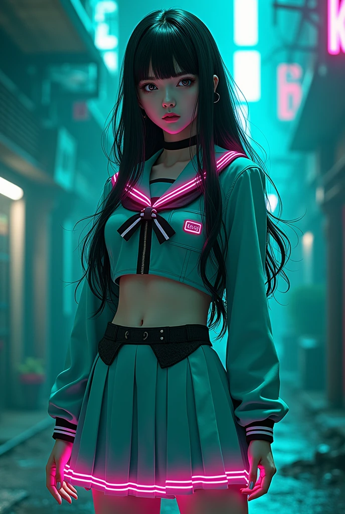 Beautiful girl with long hair to the waist in aqua green neon schoolgirl outfit with black colors with neon pink on the edges of the full body