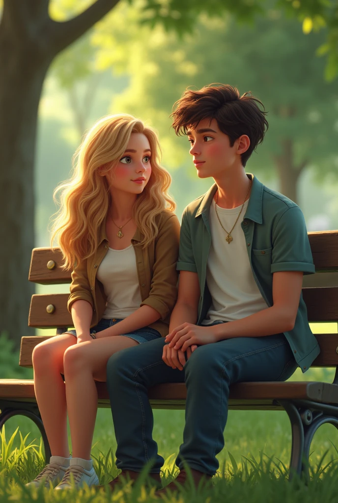 (photorealism:1.2), Female, Long wavy blonde hair, 16, Hazel eyes, Sophomore, Sitting next to a male character on a bench in the park with chocolate brown short curly hair, Green eyes, 18, Senior,