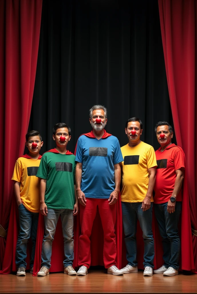 A group of 5 ordinary people, with Peruvian features between 8 and 60 years old, dressed as superman with a cape, They wear a colorful shirt with a black rectangle in the center, They wear a small red Clown nose , They are standing in the middle of a theatre stage with the curtain open., doing different positions 