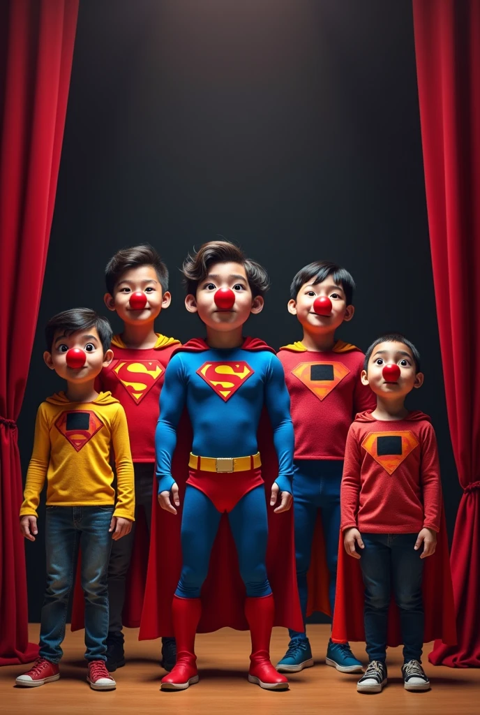 A group of 5 ordinary people, with Peruvian features between 8 and 60 years old, dressed as superman with a cape, They wear a colorful shirt with a black rectangle in the center, They wear a small red Clown nose , They are standing in the middle of a theatre stage with the curtain open., doing different positions