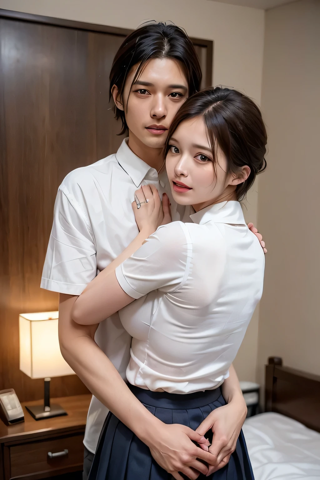 masterpiece，Highest quality，Advanced Details，1 male，1 female，((Hotel Bedroom:1.4))、((Japan woman with short cut hair:1.4))，(((A woman wearing a white short-sleeved shirt and a dark blue pleated skirt for a student uniform:1.4))，((Japanese man wearing jeans 1 male:1.7))，Black Haired Man，That man is very handsome，((A man hugs a woman from behind and touches her breasts:1.4))，That woman is short，That man is tall，Reflects the height difference between men and women，The woman is 160cm tall..，The man is 175cm tall.，Man hugging woman from behind，((They are both standing next to the bed.:1.5))、Women play a leading role、Women are skinny，Small breasted women、