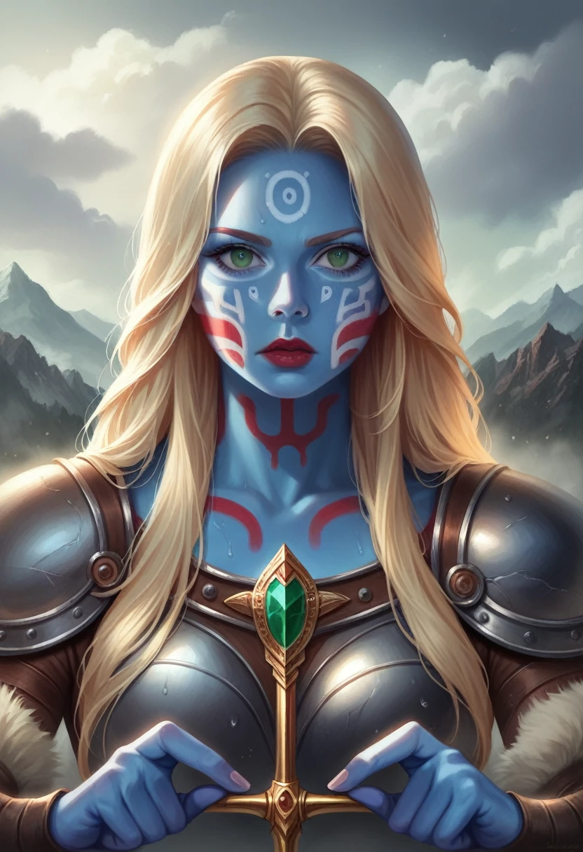 a beautiful blonde barbarian woman, extremely detailed facial features, stunning emerald green eyes, red lips, flawless skin, muscular athletic body, wearing minimal fur and leather armor, holding a large battle axe, standing in a stormy mountainous landscape, ominous dark clouds, dramatic lighting, cinematic composition, hyper-detailed, photorealistic, 8k, award winning digital art, barbarian_woman armor((best quality)), ((masterpiece)), (detailed), ((background Cyber)), wet look, ((blond long Hair)), ((Intricate detailing, in the night time, View from afar, random pose, blue body paint, face focus, hell picture, light face))