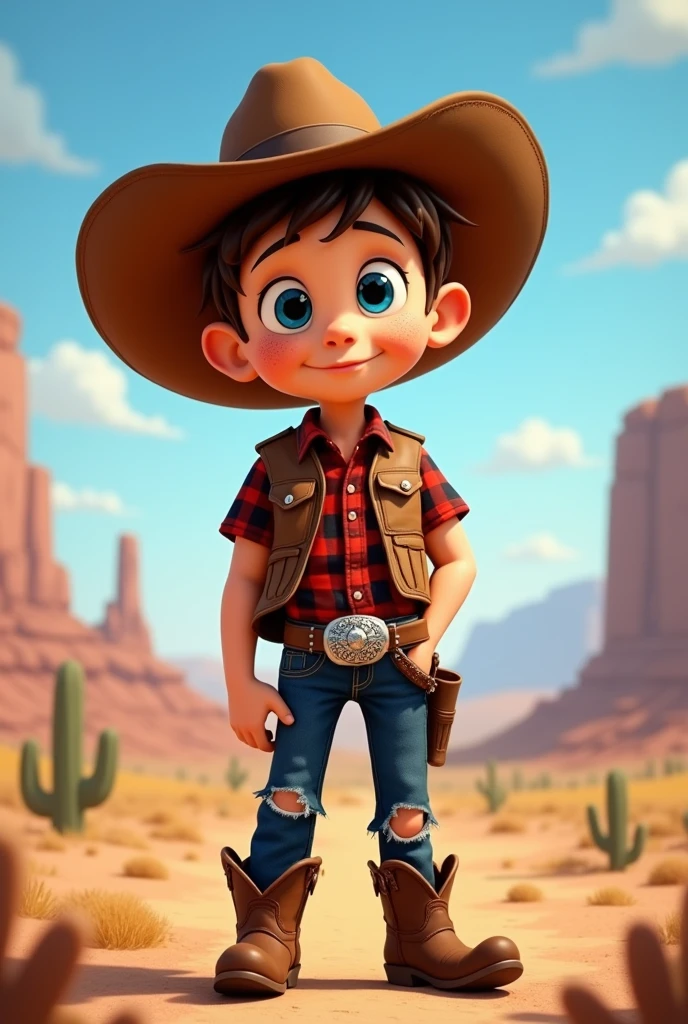 Um personagem de desenho do cartoon network, of a little Brazilian boy with fair skin and freckles, blue colored eyes, with messy light brown hair like he had just taken off his hat, in a western, wearing a brown leather vest, a little worn, red and black flannel shirt, With short sleeves, dark blue jeans slightly ripped at the knee, cowboy boots and a silver buckle