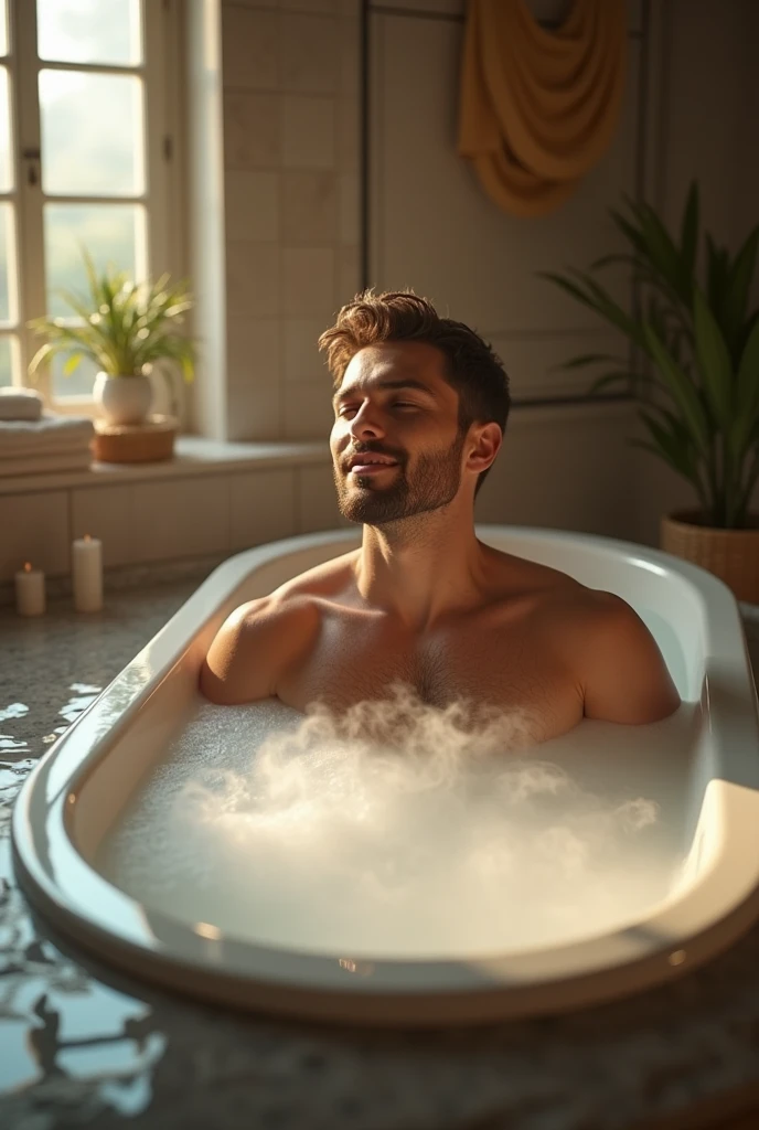 A man is soaking in a tub.