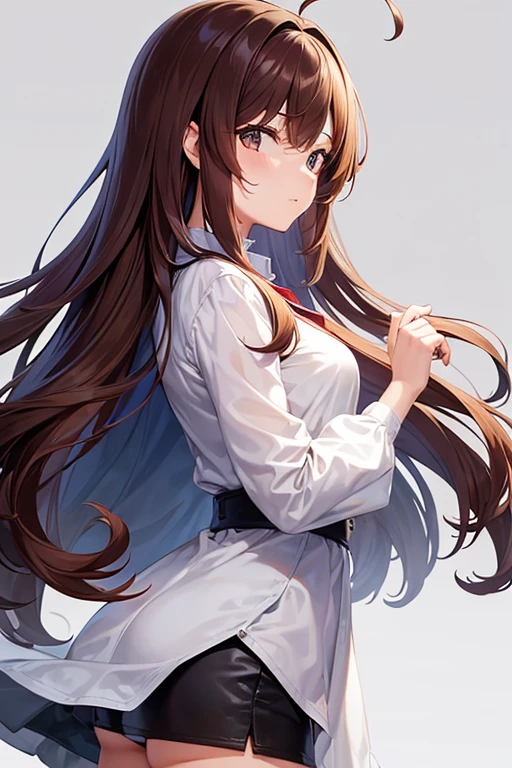 a girl, beautfui, medium brown hair the hair at the front bit orange, smart, from side (she/them, bi)