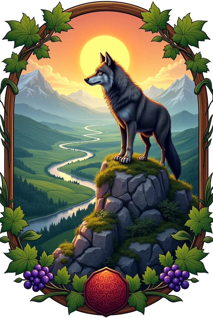 Make coat of arms of village. Make it with symbol of wolf in mountain, sun shines, big river and big field with mountain in background, edit with willow leafs and grapes and add christian symbol also.