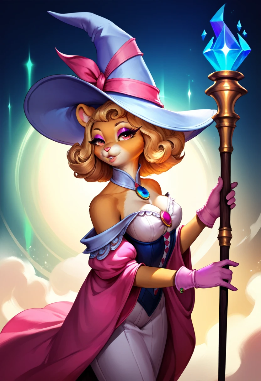 Imagine an anthropomorphic white female cat sorcerer, exuding confidence as she performs a powerful summoning ritual, dressed in a black overcoat adorned with intricately detailed ornate chains. Her large, pointy magician's hat sits atop her head, brim tilted to the side as she focuses intently on the incantation at hand. Swirling symbols and glowing runes dance around her, illuminating the scene with a majestic and epic aura. Her piercing blue eyes gleam with determination and the tips of her tail twitch in excitement as she conjures forth the magic at her command. The background is a blend of shadows and ethereal light