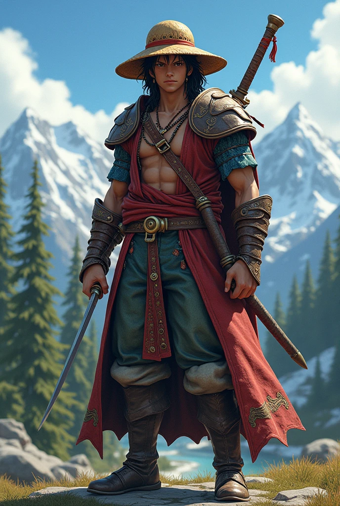 ussop do anime one piece misturado com the elders scrolls skyrim em pose de guerreira espadachim