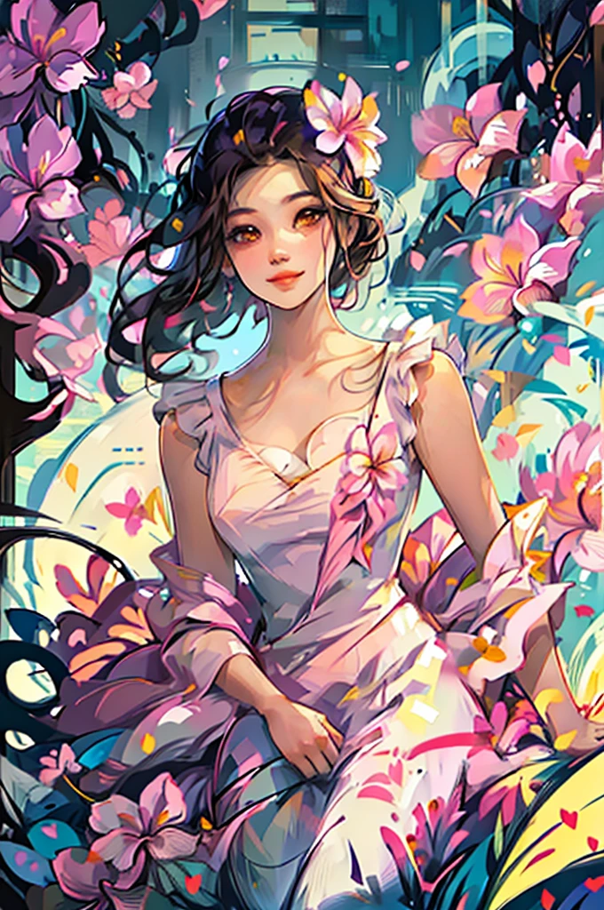 One person, One personで, ghost, 女性のghost, flower, dress, Black Hair, smile, pink flower, Plumeria, Lie in, white dress, pink yellow Plumeria, behind, lips, Compensate, Sleeveless, flower柄プリント