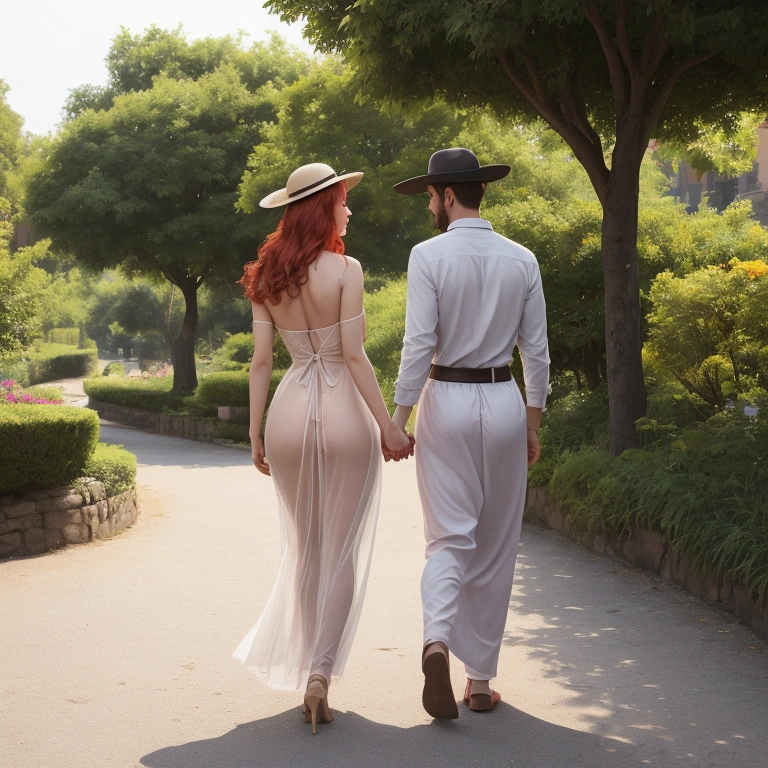 A MAN AND A WOMAN walk hand in hand in a square with lots of greenery and beautiful nature. THERE IS A LAKE NEXT TO THE PATH THEY WALK.. a photo of the back, de corpo inteiro. The very beautiful woman , redheadwear, thin waist and very big butt, wearing a light, flowery dress. SHE PULLS UP THE BOTTOM OF HER DRESS WITH HER HANDS TO SHOW OFF HER NAKED BUTT TO THE PHOTOGRAPHER.  the man a little taller than her. The dress goes up and shows the woman&#39;s butt without panties. Couple holding hands. 