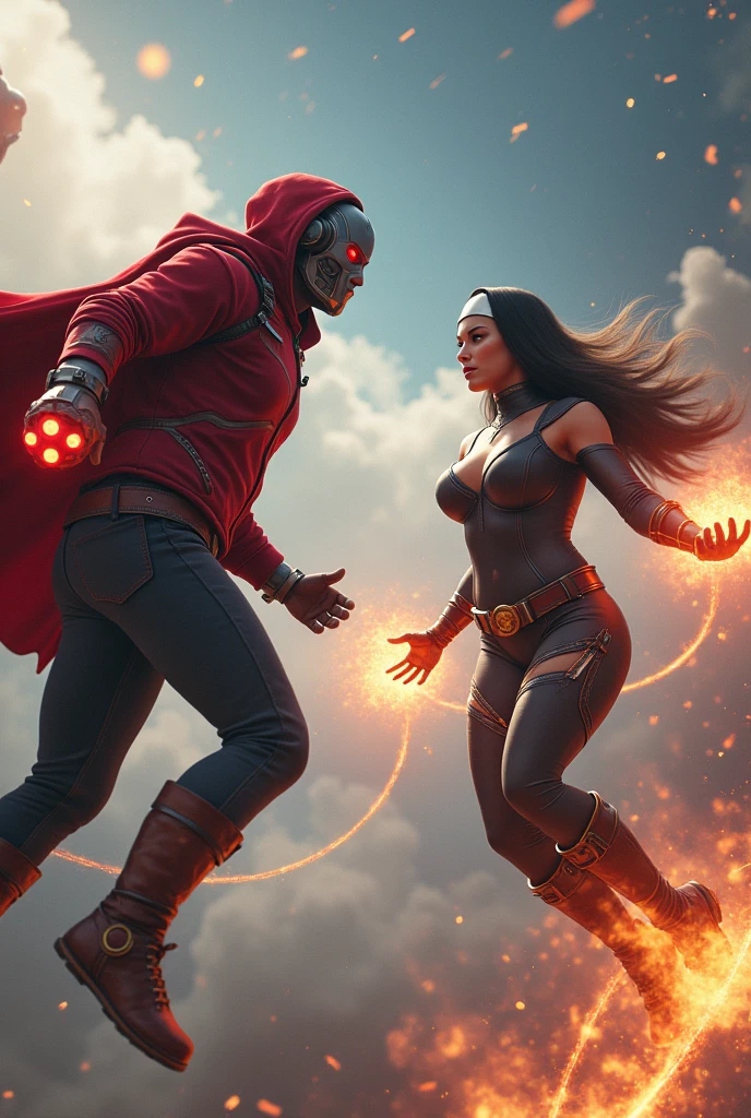 Young Star-lord with red hoodie, headphones, star-lord helmet, gas helmet, covered mouth, round red eyes, Red eyes, magic rings in the hands and rocket boots, Vs. Nun woman (Big tits), Fighting, power, fiction, full body, 3 person, magic lasso, flying in the sky, hight, fall, fire in boots, poweful spells, fighting, realistic, helmet, mask, red cape