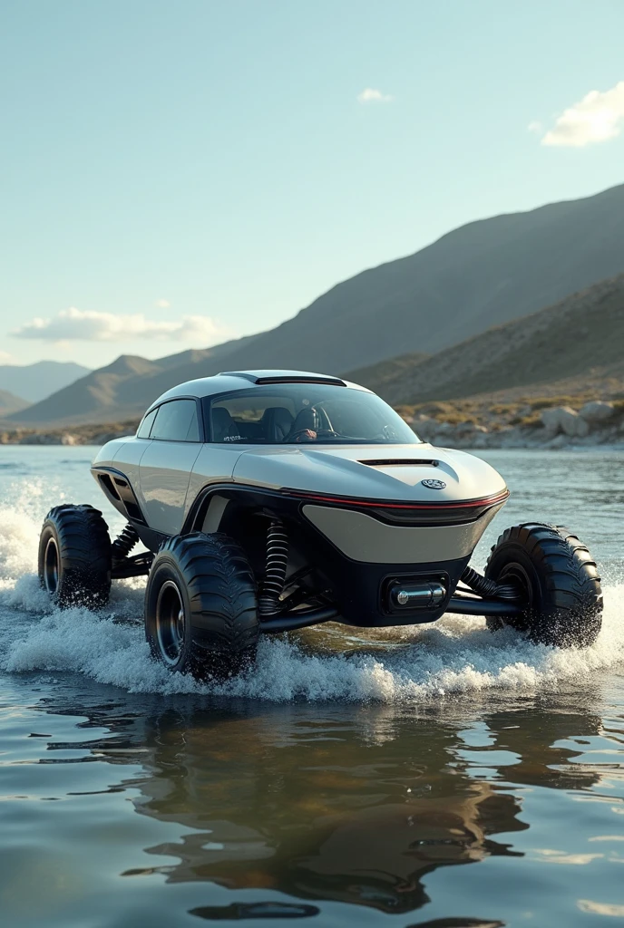 Give me some image of vehicle 
Which will contain 4 brushless propeller to float and run in water, and four wheel to terminate inroad too
