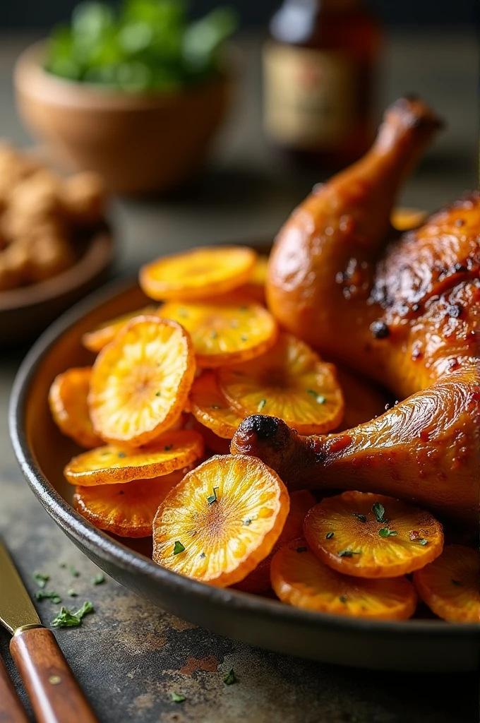 I want to create a recipe in image of plantain with roasted chicken in the form of chips 