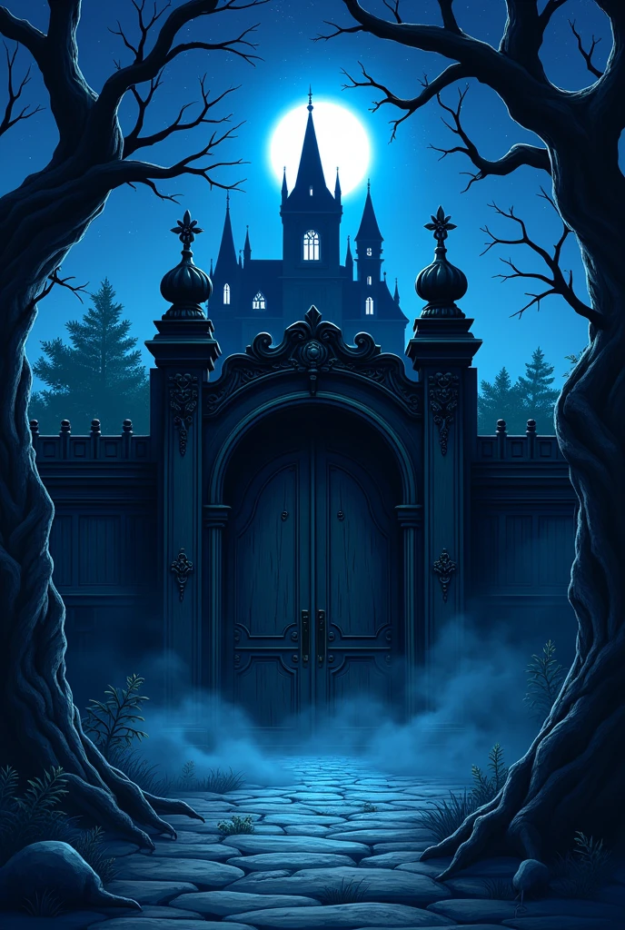 view of the door of a scary mansion with a gothic theme at night, blue ambiance, in anime style