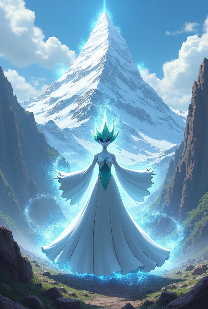 Gardevoir launching a psychic attack on a mountain. 